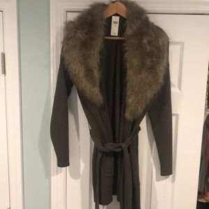 Long faux fur sweater with tie belt